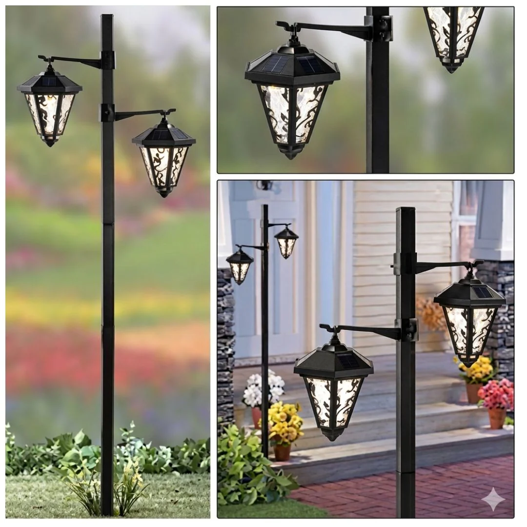 1.4M Solar LED Double Lantern Post Light Warm White - Outdoor Garden Pathway Lighting
