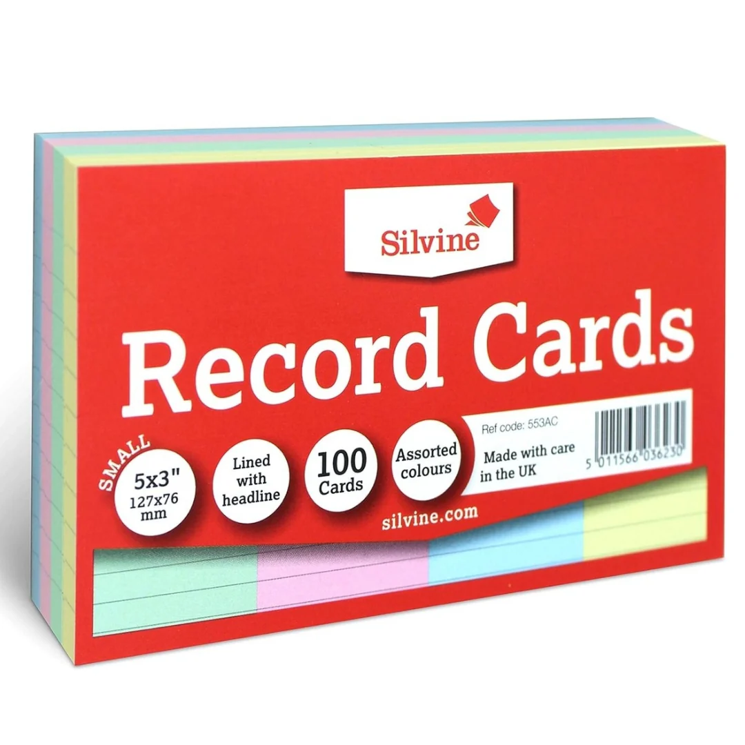 Silvine 100pk 5"x3" Colour Record Cards Ruled