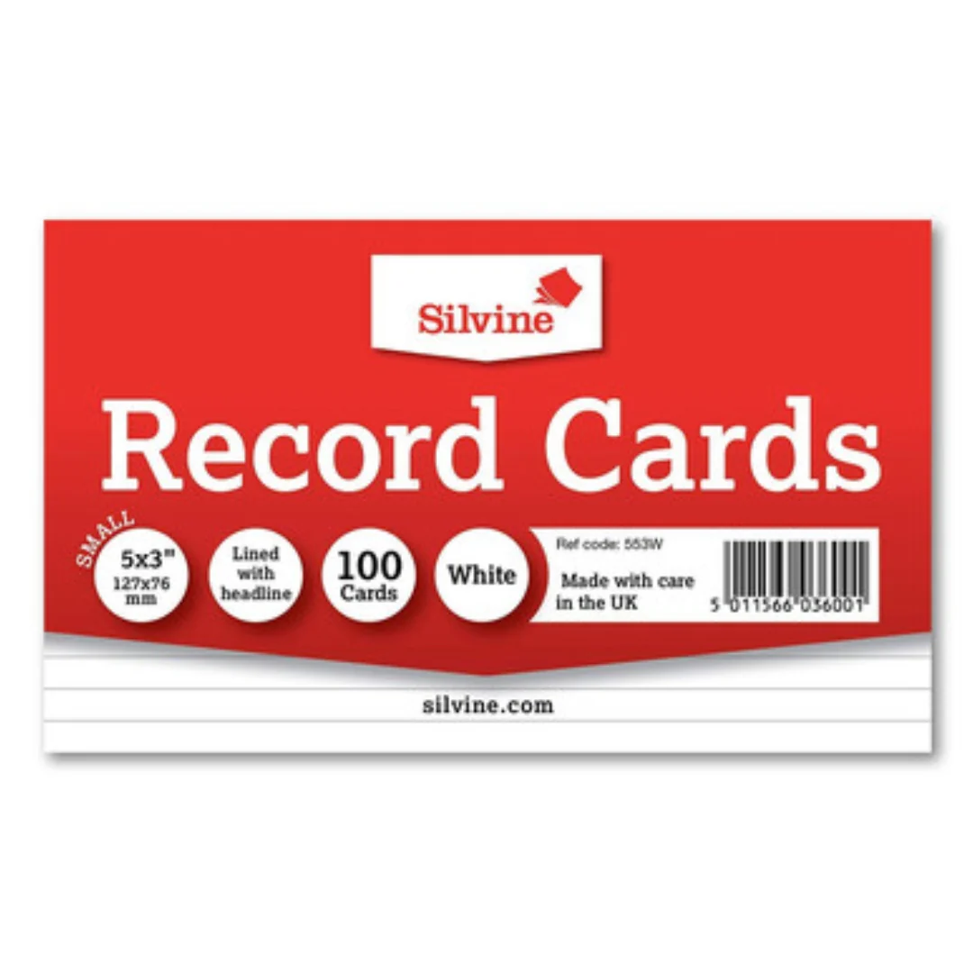 100pk 5"x3" White Record Cards Ruled