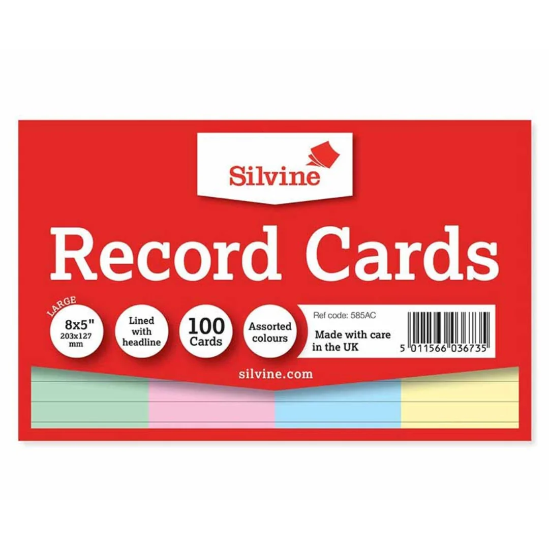 Silvine 100pk 8"x5" Colour Record Cards Ruled