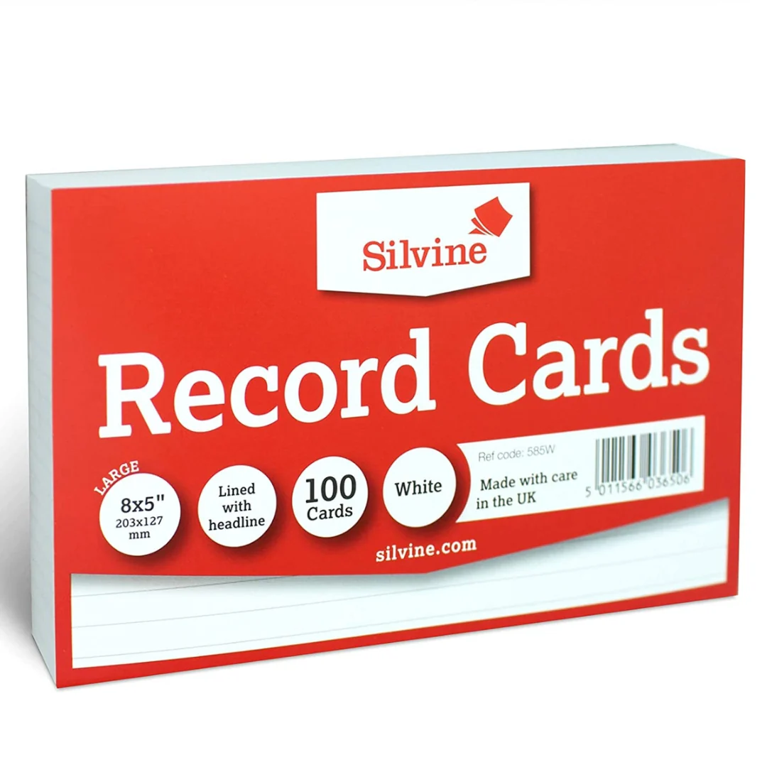 Silvine 100pk 8"x5" White Record Cards Ruled