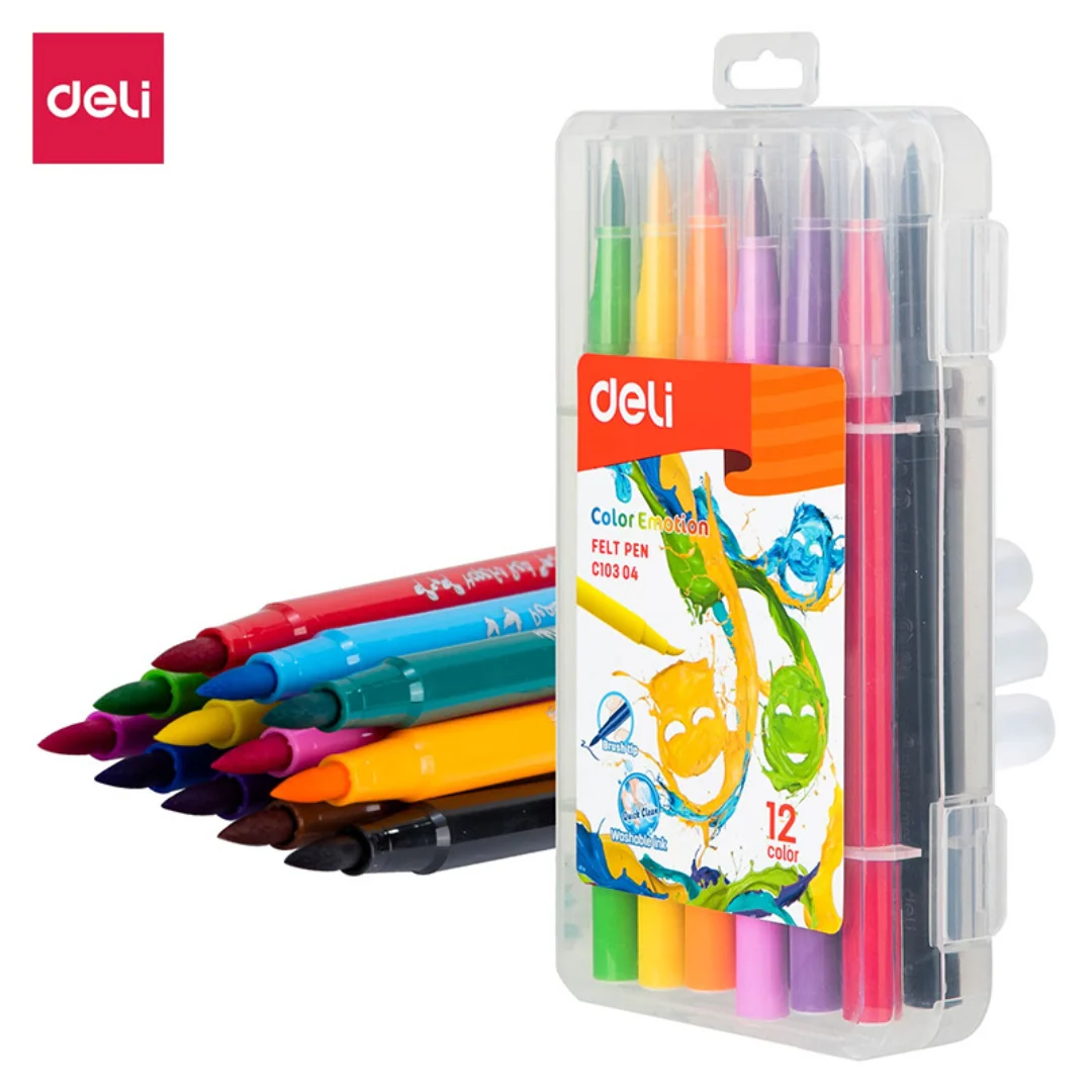 12pk Felt Pens Brush Tip Assorted Colours by Deli