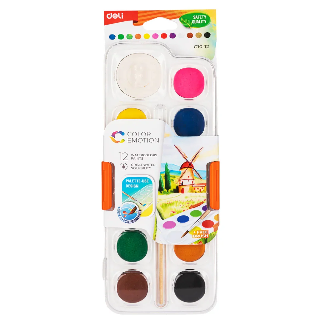 12pk Watercolor Paint Set + Brush by Deli
