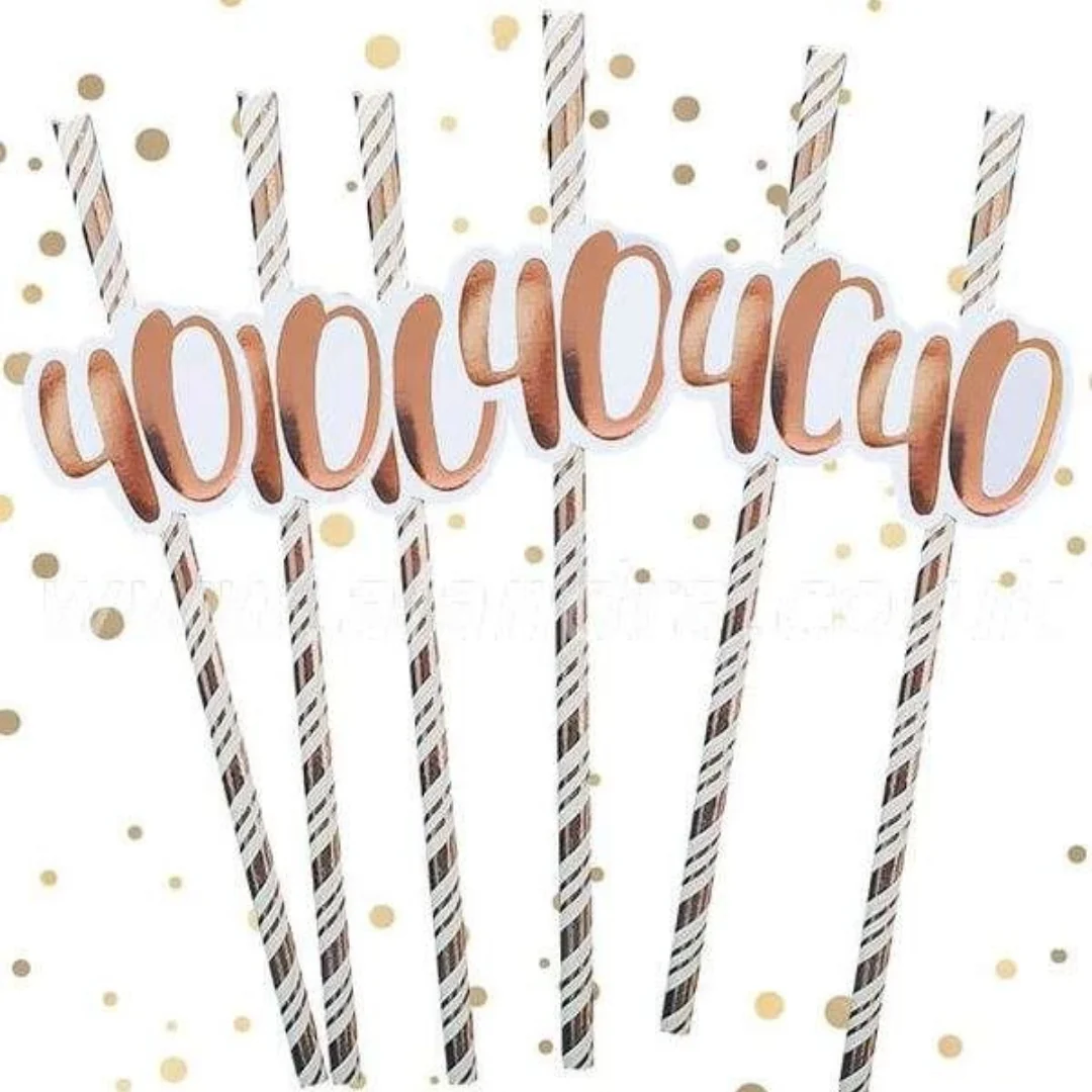 40th Rose Gold Birthday Straws - Pack of 6