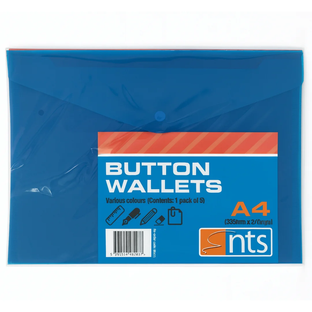 5 Pack A4 Button Wallet – Assorted Colours