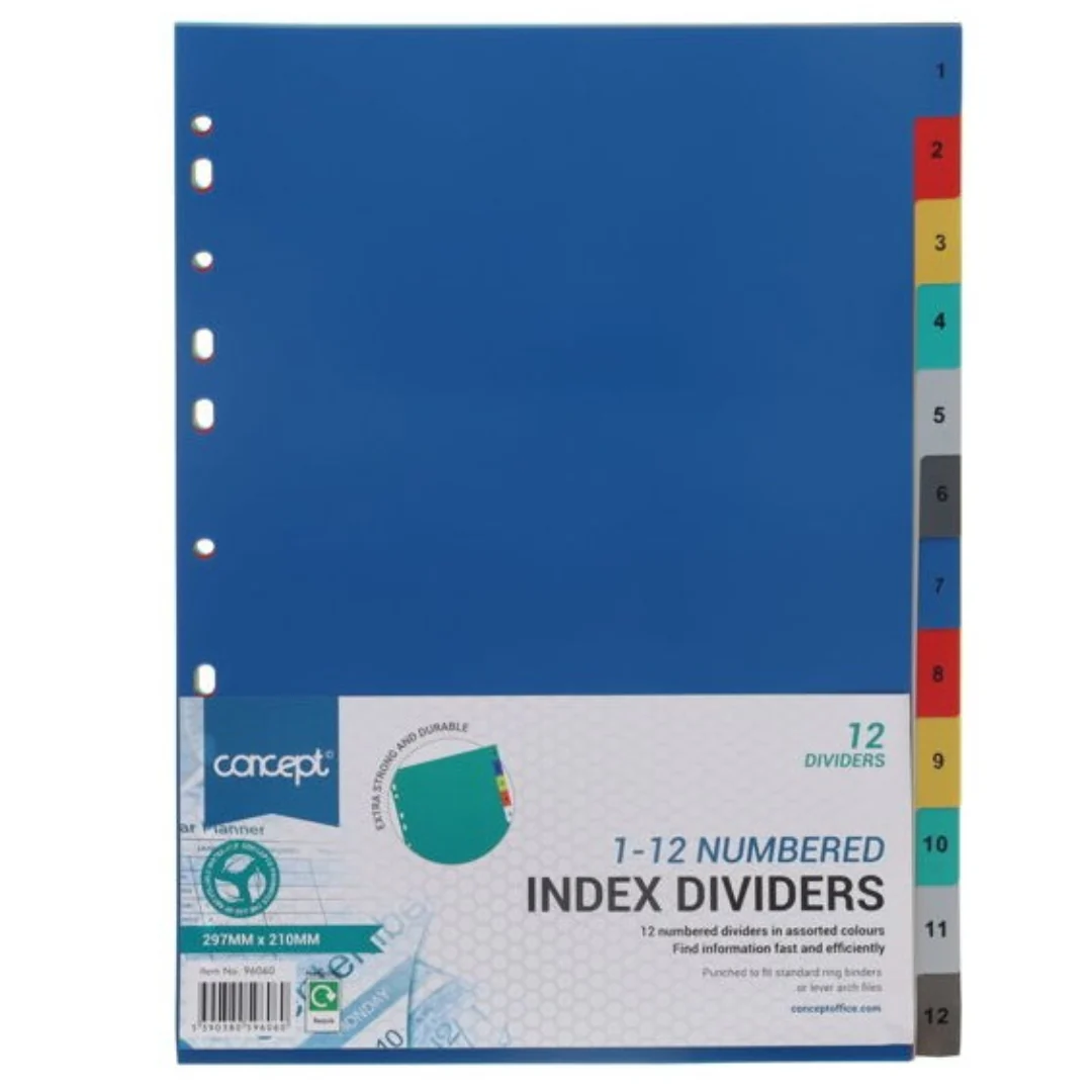 Concept A4 1 to 12 Numbered Index Dividers