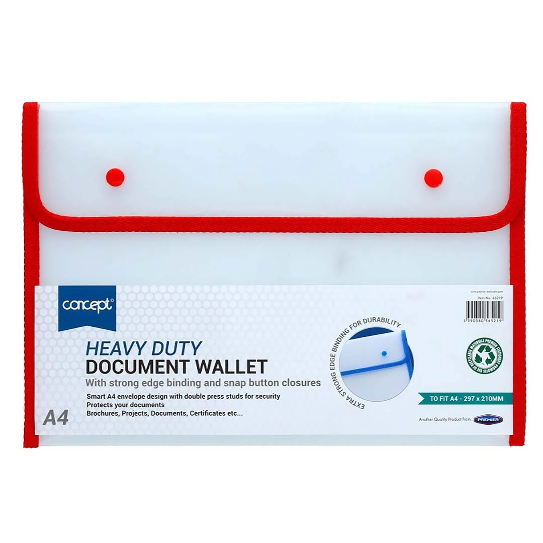 Concept A4 Heavy Duty Button Document Wallet Assorted