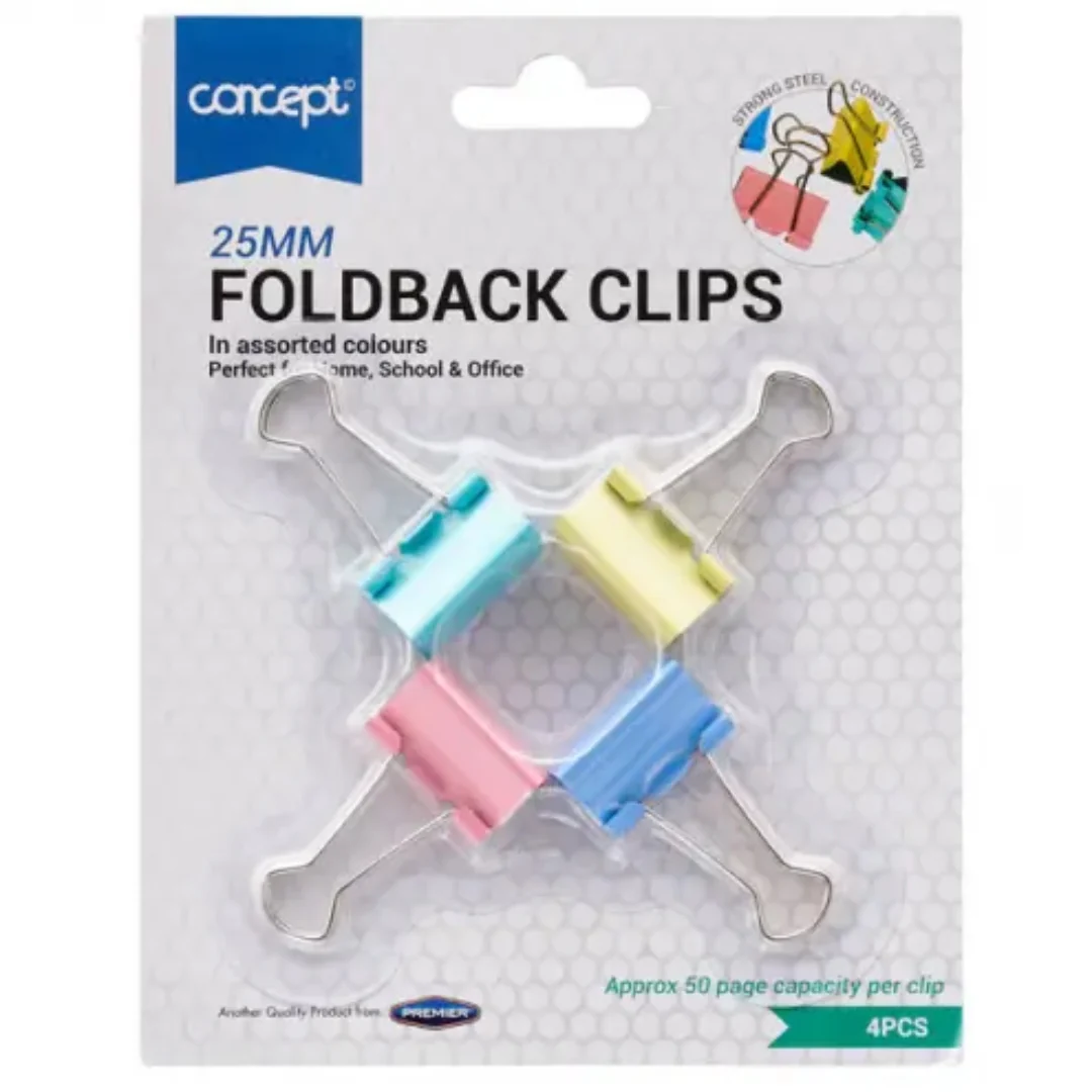 Concept Foldback Clips 25mm Coloured Pack of 4