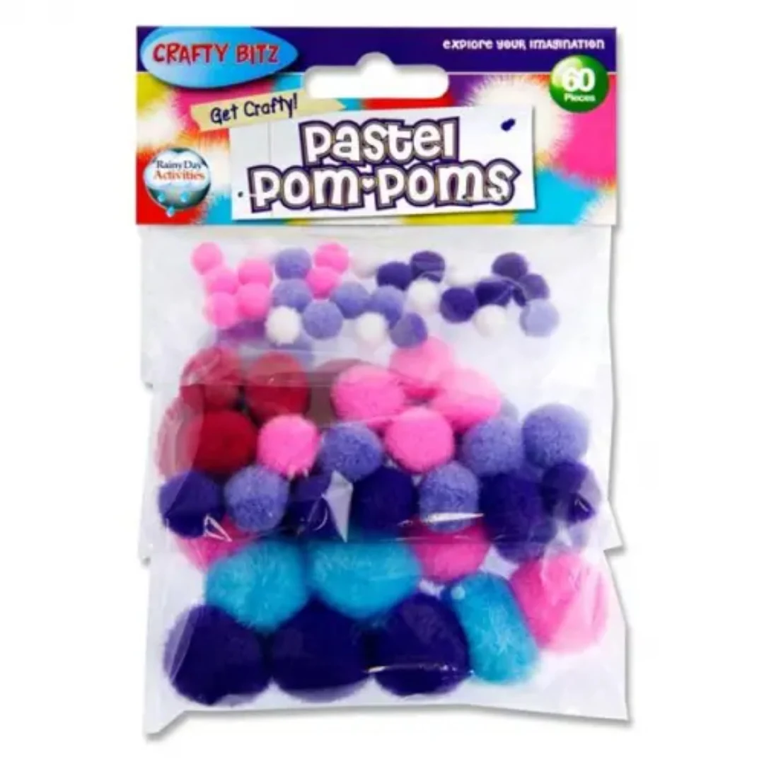 Crafty Bitz Pack of 60 Assorted Size Pastel Pom Poms