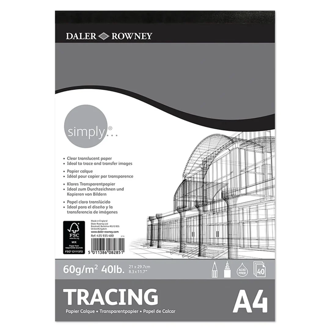Daler Rowney Simply A4 Tracing Pad 40 Sheets - Transparent Tracing Paper 60gsm