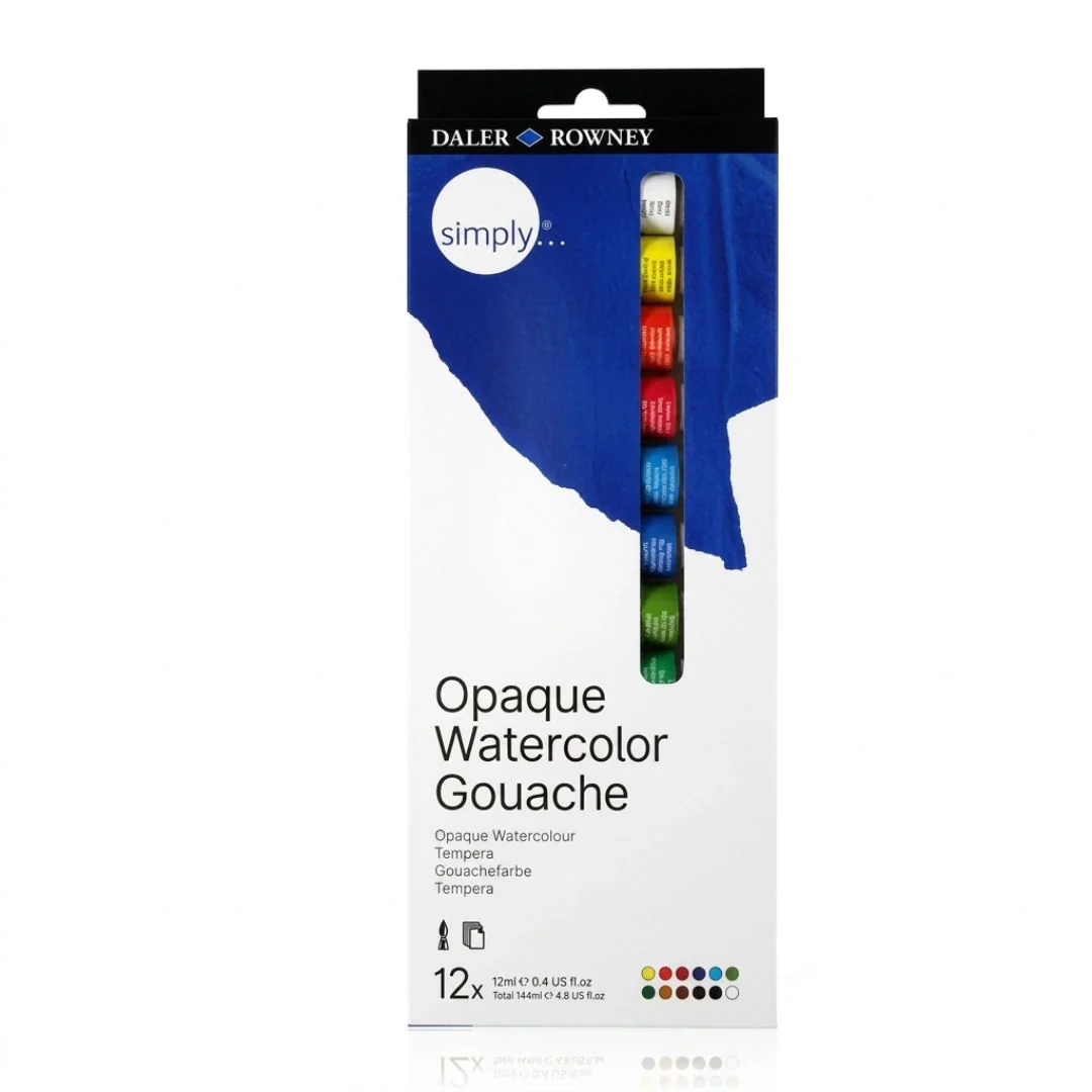 Daler Rowney Simply Gouache Paint Set 12 x 12ml - Opaque Watercolor Artist Colors