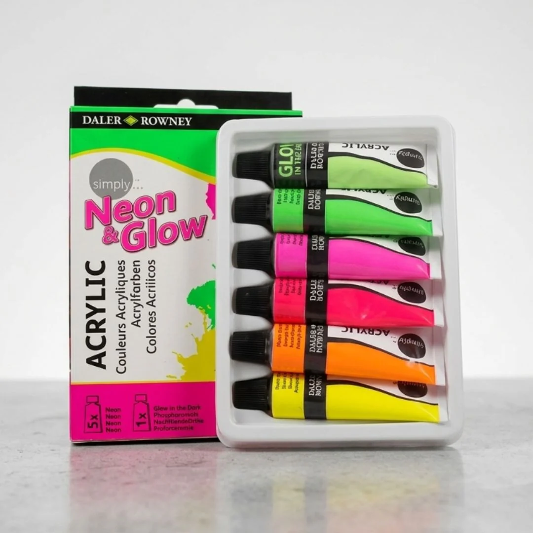 Daler Rowney Simply Neon & Glow Acrylic Paint Set 6 x 12ml - Bright Fluorescent Colors