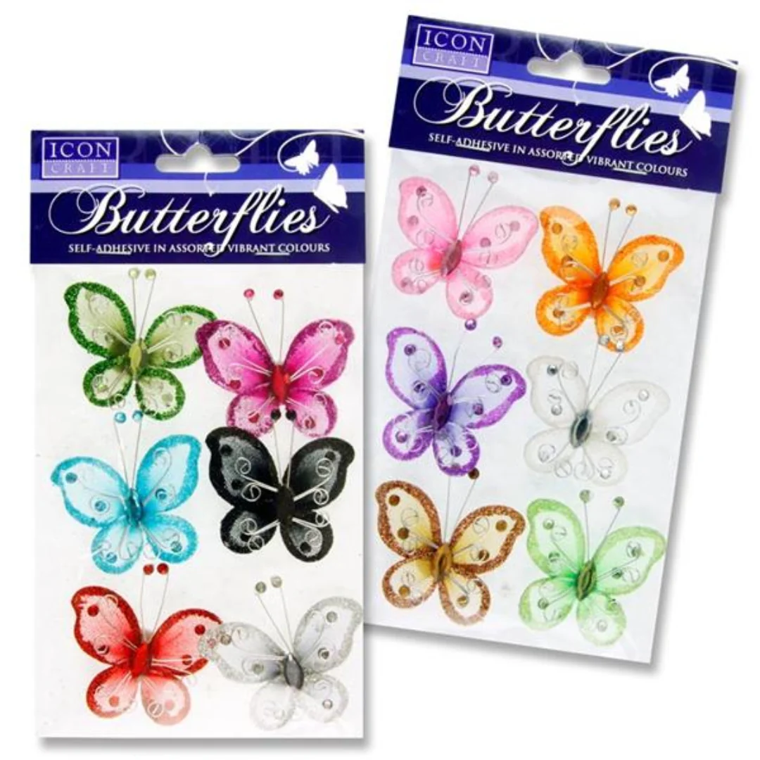 Icon Craft Assorted Glitter Butterfly Pack – 6 Pieces
