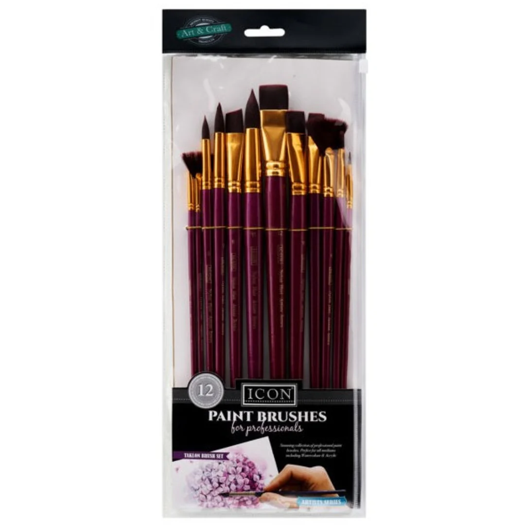Icon Long Handle Paint Brush Set Firm Burgundy 12pcs
