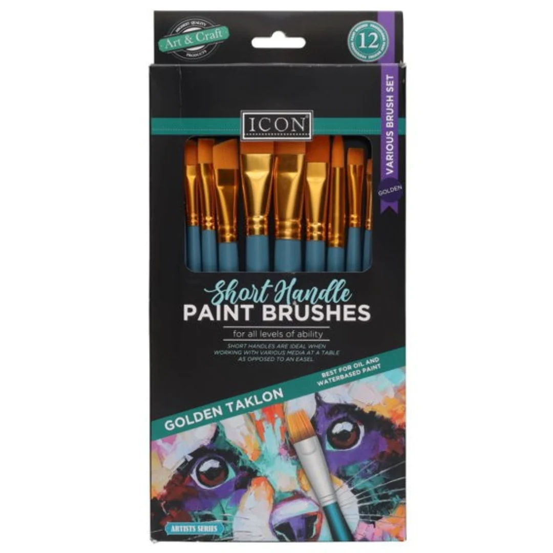Icon Short Handle Paint Brush Set in Wallet Medium Golden Taklon 12pcs
