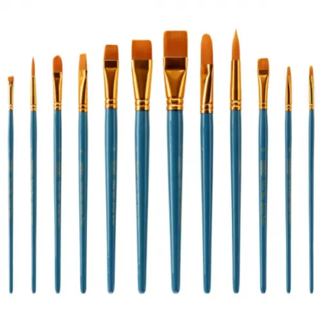Icon Short Handle Paint Brush Set in Wallet Medium Golden Taklon 12pcs - Image 2