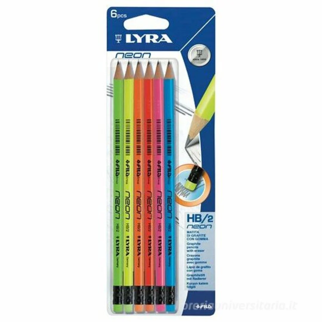 Lyra Neon Card 6 Rubber Tipped HB Pencils