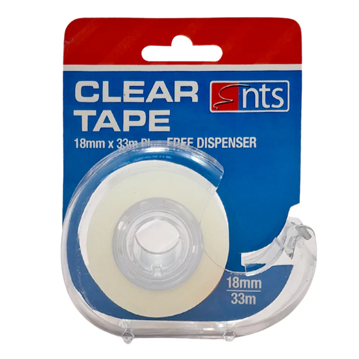 NTS 18mm x 33m Clear Tape with Dispenser – Strong Adhesive Office Tape