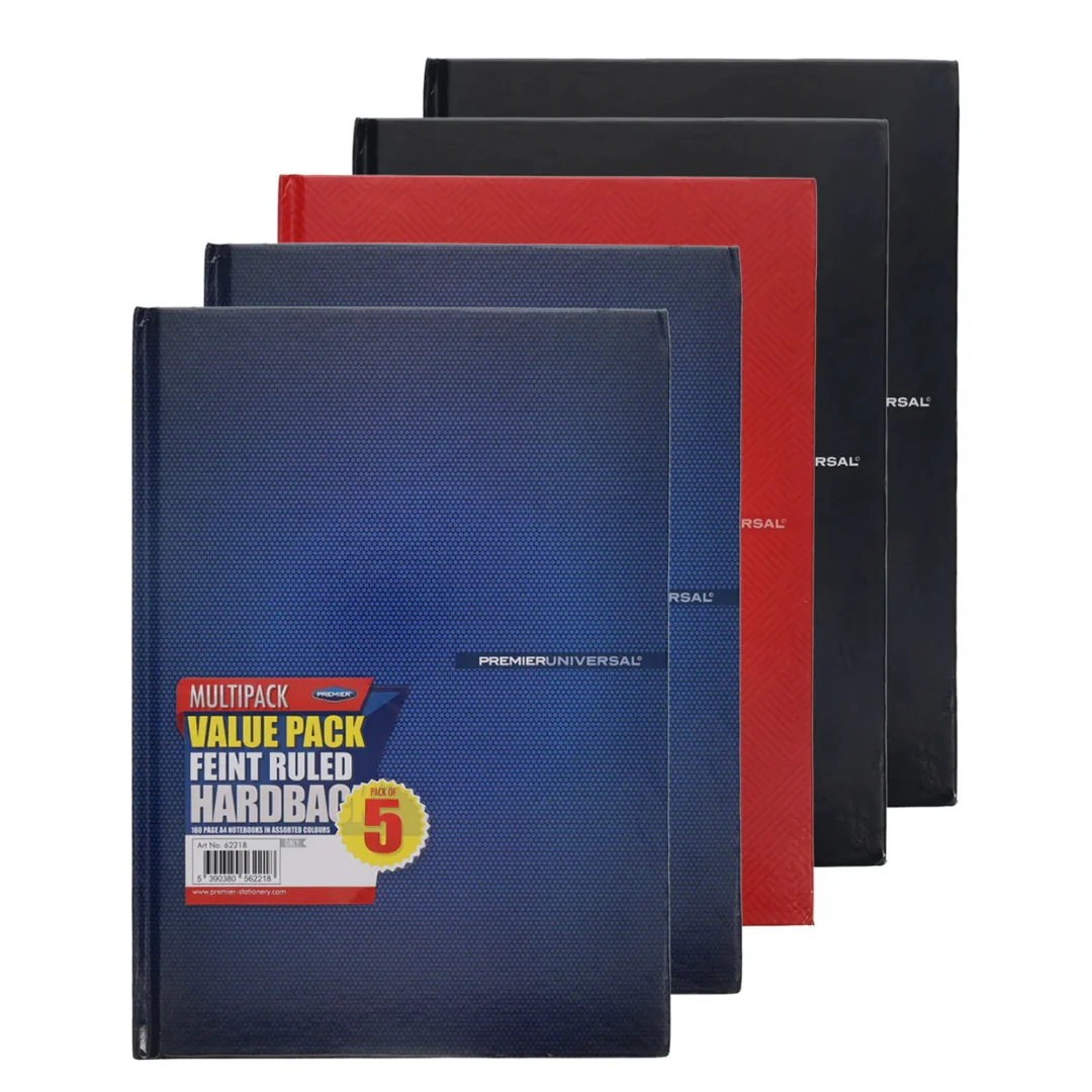 Pack of 5 A4 160-Page Hardcover Notebooks 3 Assorted Colours