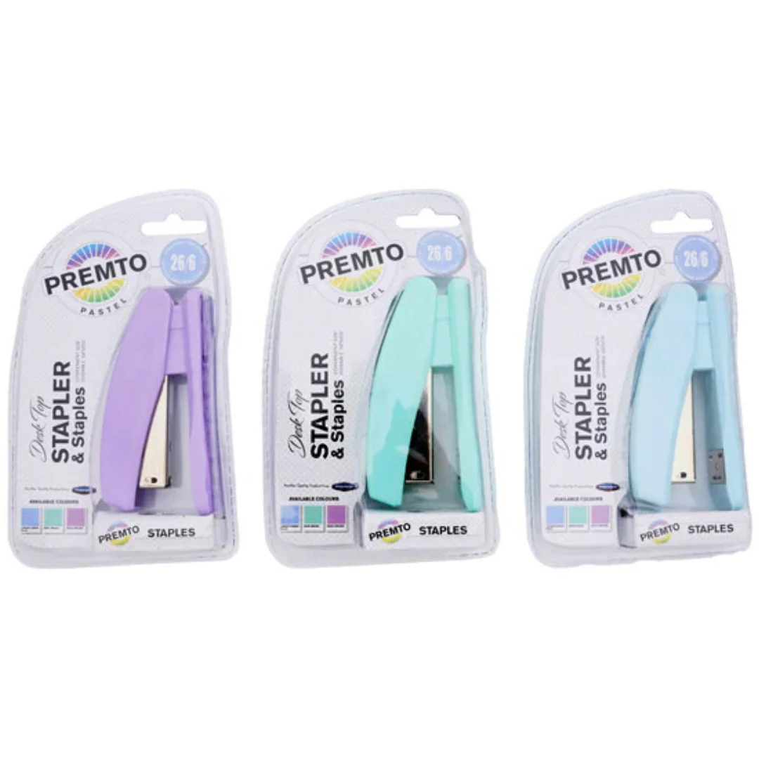 Premto Easy Grip Stapler with 1000 26/6 Staples – 3 Assorted Colours