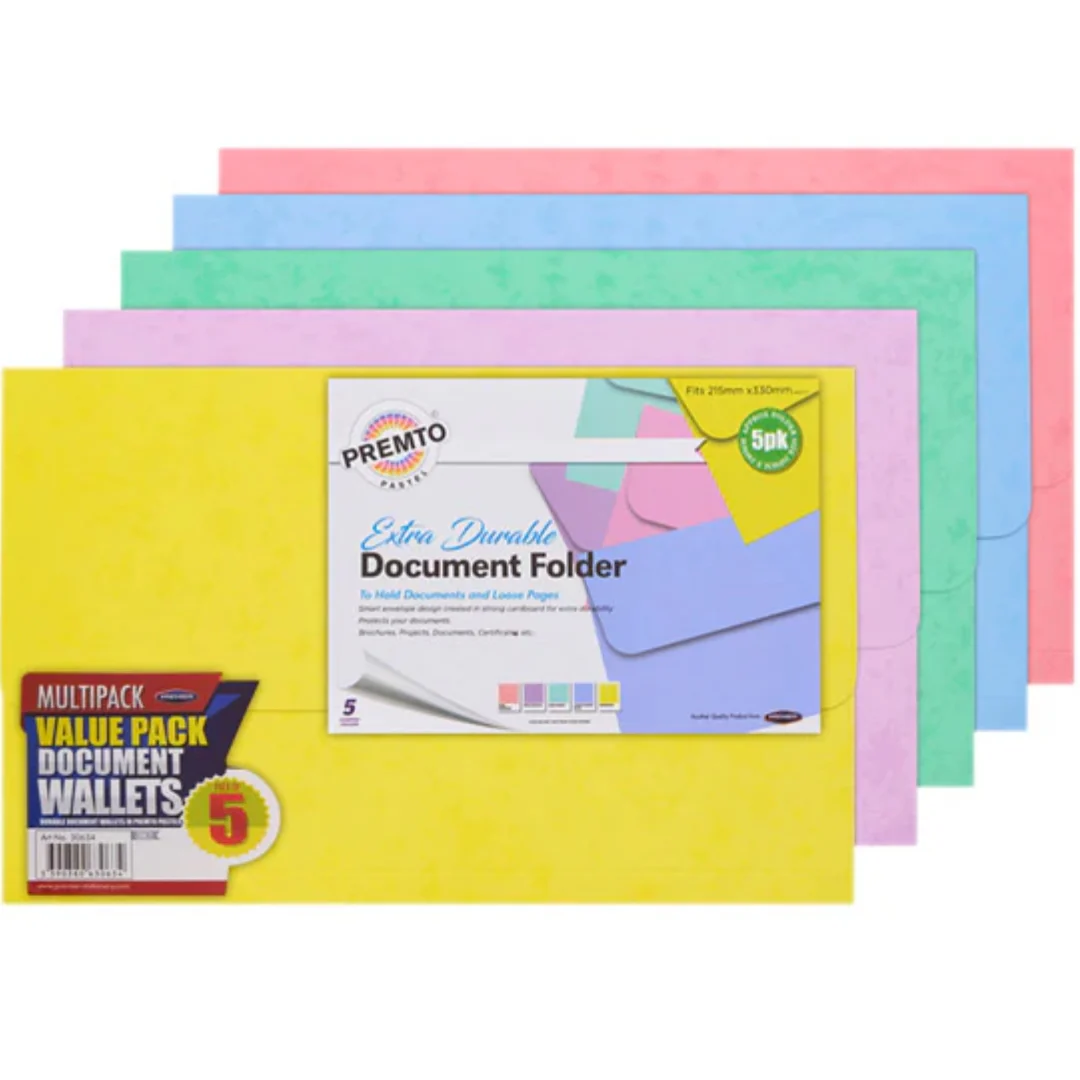 Premto Pastel Extra Durable Document Wallets – 5 Pack