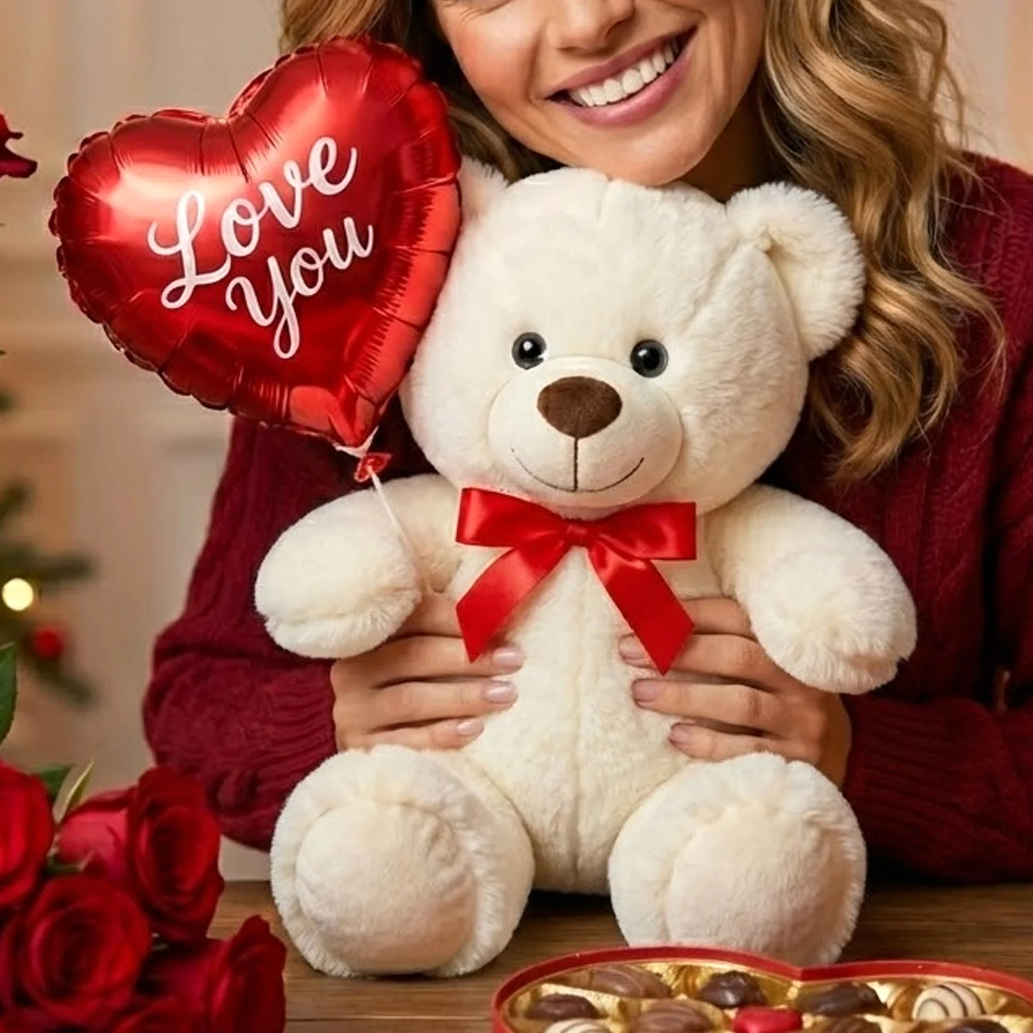 25 cm White Teddy Bear with Balloon