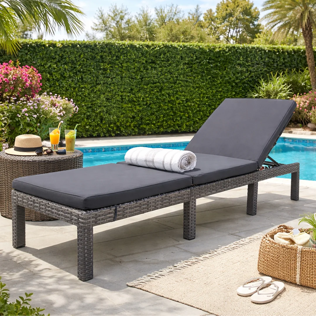 Grey Rattan Effect Adjustable Sun Lounger with Cushions by Daniel James