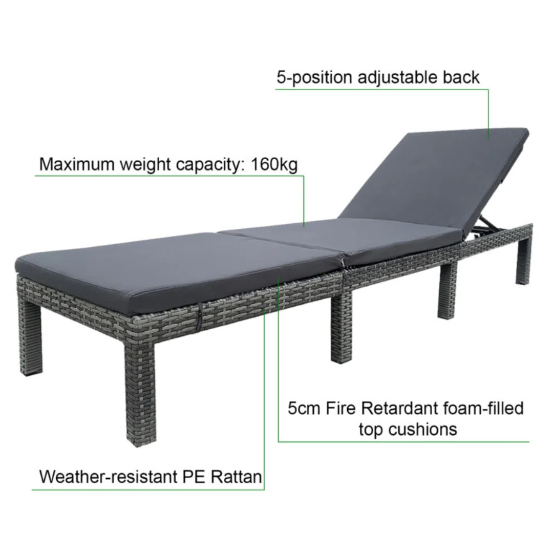 Grey Rattan Effect Adjustable Sun Lounger with Cushions by Daniel James - Image 6