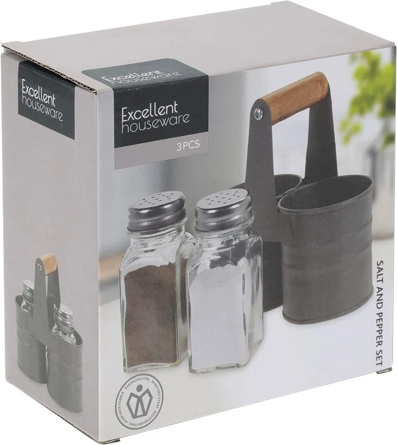 Salt & Pepper Shaker Set with Rustic Metal Caddy - Image 2