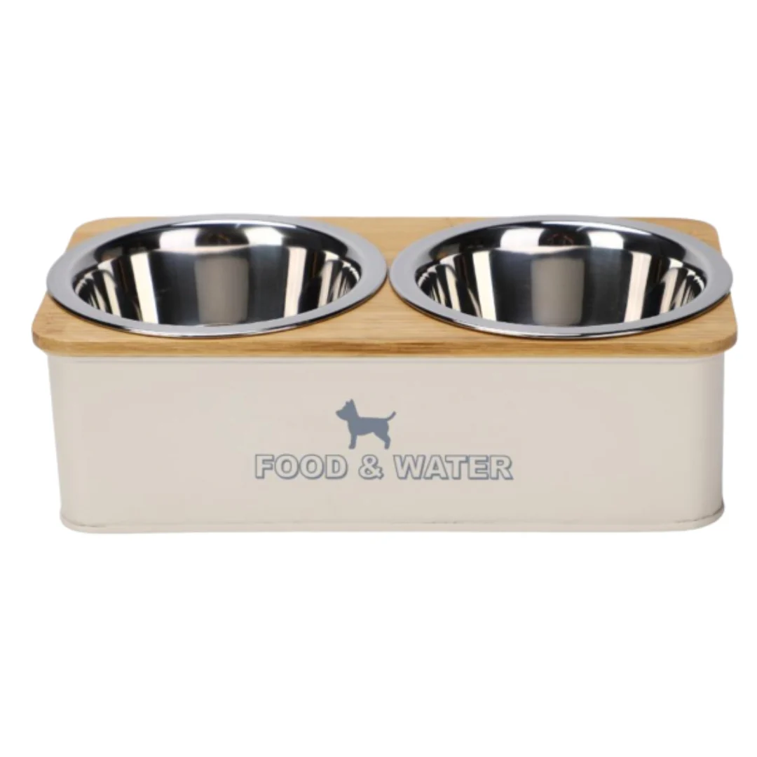 Small Cream Pet Dog Food & Water Stand Diner