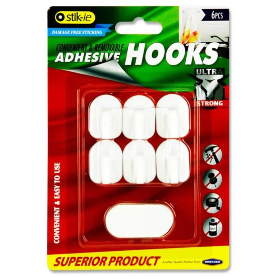 Stik-ie Removable Adhesive Plastic Hooks 32x24mm 6pk