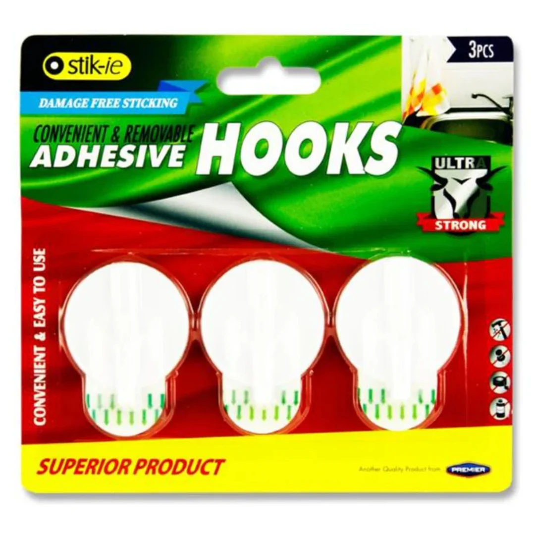 Stik-ie Removable Adhesive Plastic Hooks 40x41mm 3pk